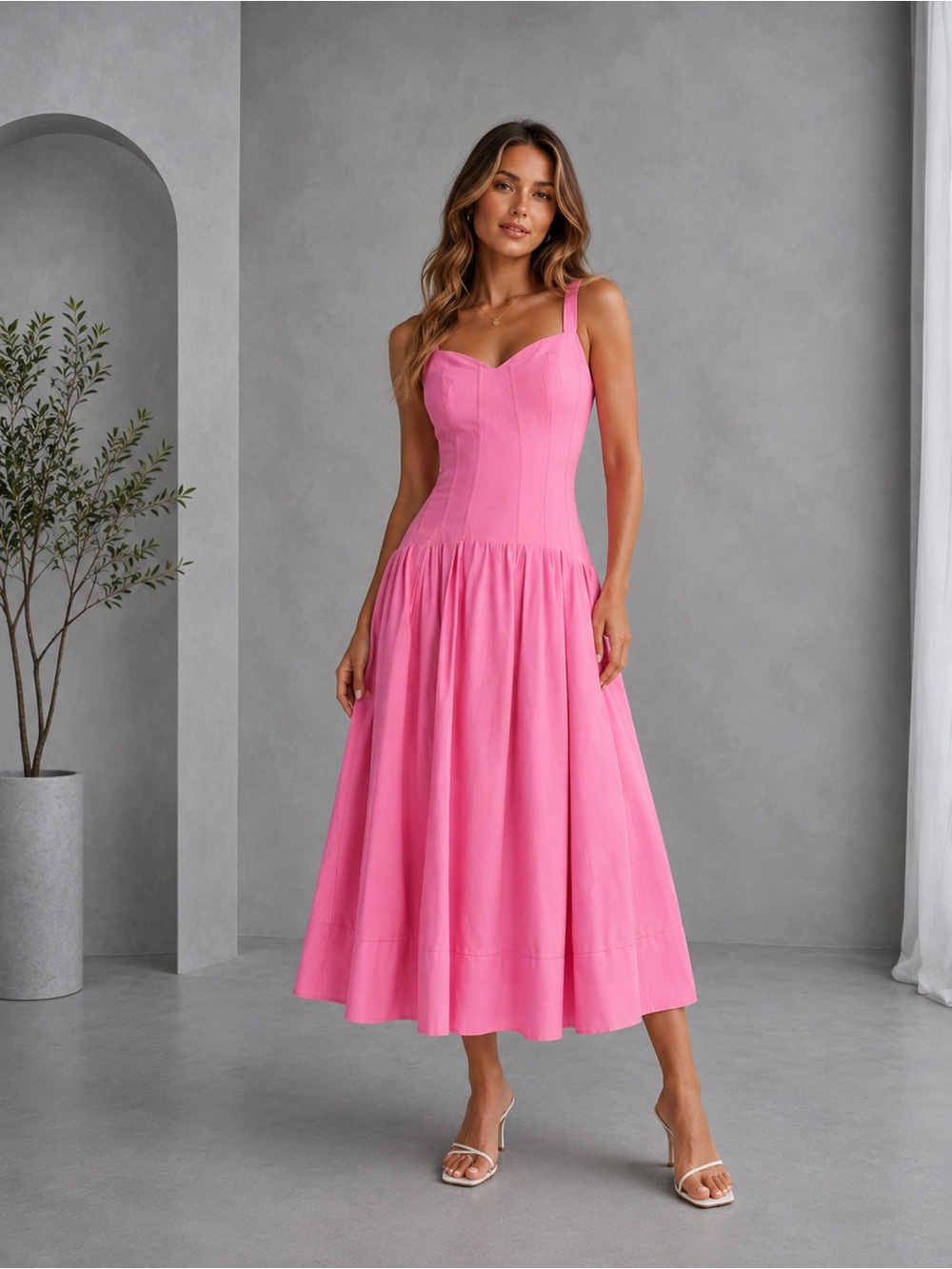 Moon River Corset Bodice Drop Waist Dress In Pink B2356